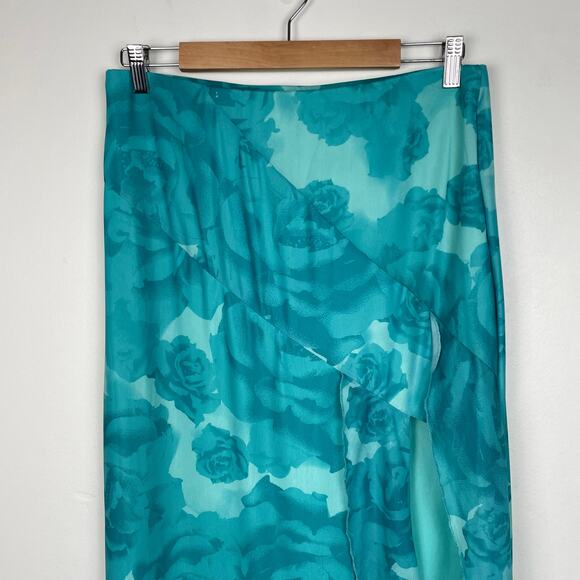 Something New Maxi Skirt S Teal Blue Floral Ruffle Mesh Fairy Mermaid Leg Slit - Picture 13 of 13